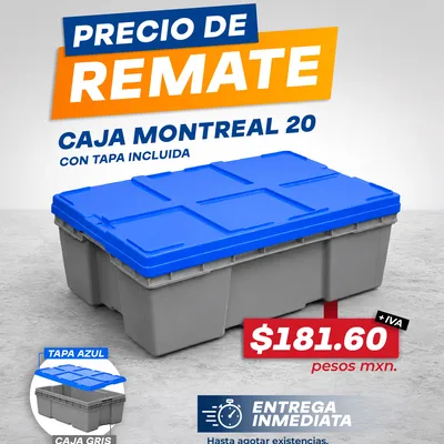 Precio de remate: Caja Montreal 20 con tapa incluida a $181.60 + IVA. 📦

Caja g