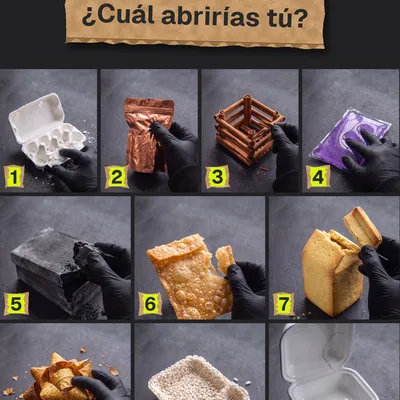 Reel de Instagram de Packwall: ASMR de empaques imposibles: ¿cuál abrirías tú? Huevera de merengue, bolsa de cobre, huaca
